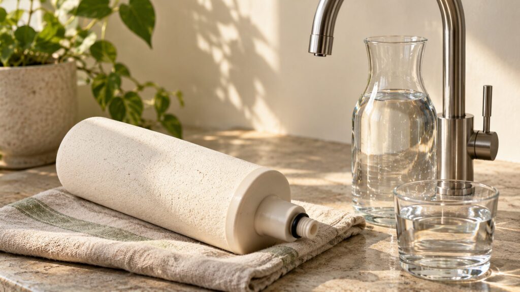Illustrative ceramic filter candle beside a stainless tap and clear water vessels