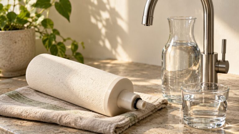 Illustrative ceramic filter candle beside a stainless tap and clear water vessels