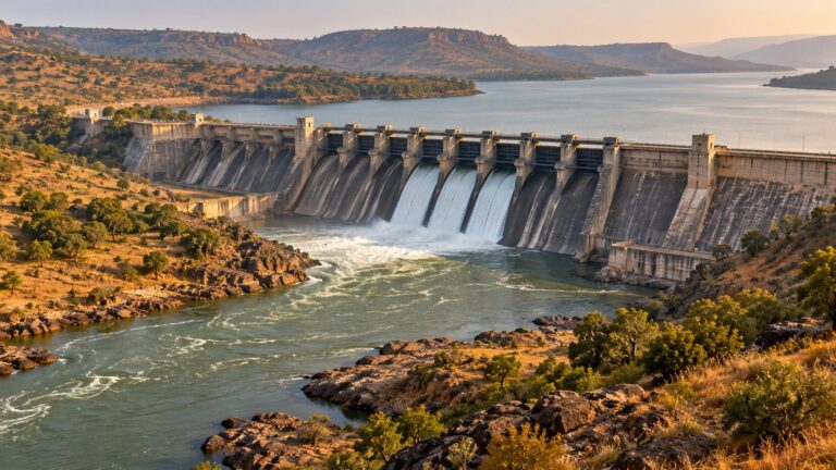 Illustrative concrete river dam with spillway bays and a controlled downstream release in a plateau valley