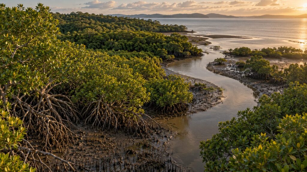 Illustrative mangrove-lined tidal creek meeting open coastal water