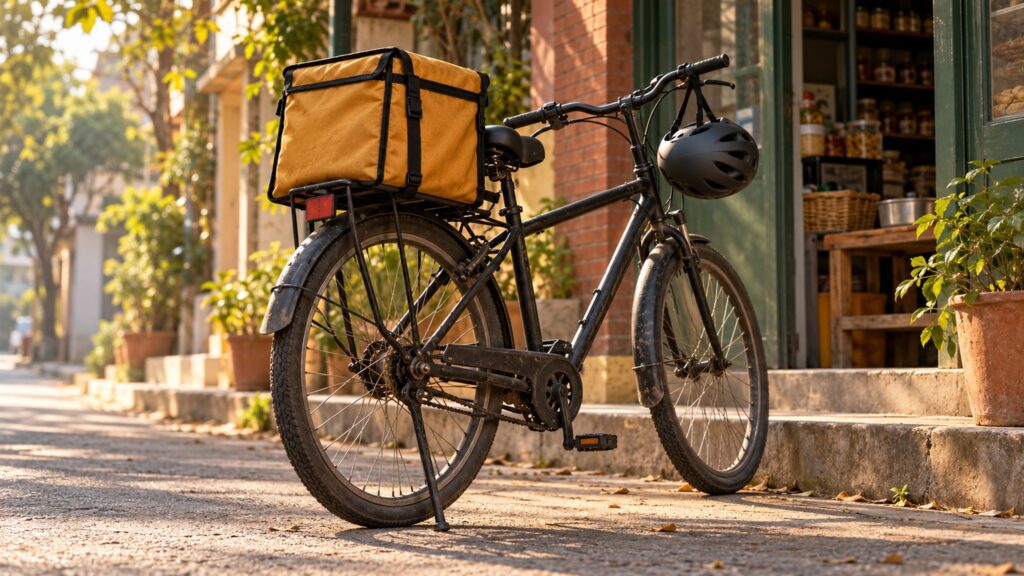Illustrative delivery bicycle with an insulated bag and helmet outside a neighbourhood storefront