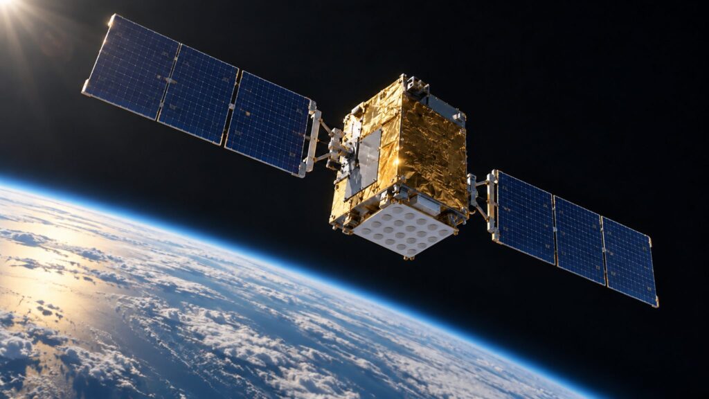 Conceptual navigation satellite with flat antenna panel and solar arrays above a cloud-covered ocean