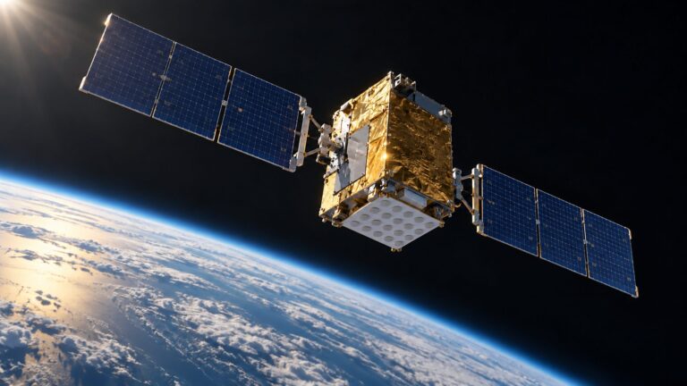Conceptual navigation satellite with flat antenna panel and solar arrays above a cloud-covered ocean