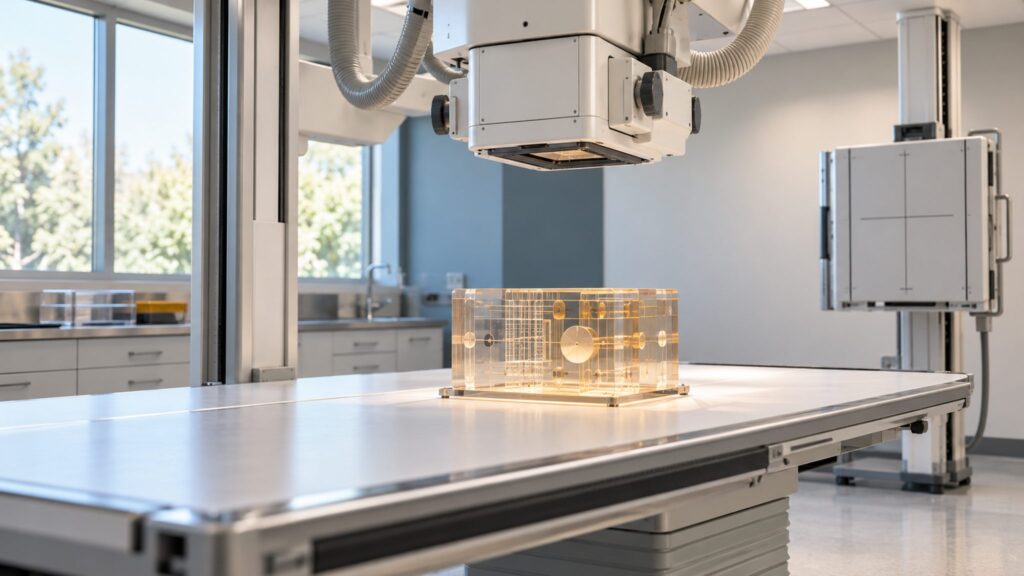 Illustrative radiography training equipment with a quality-assurance phantom beneath an X-ray tube