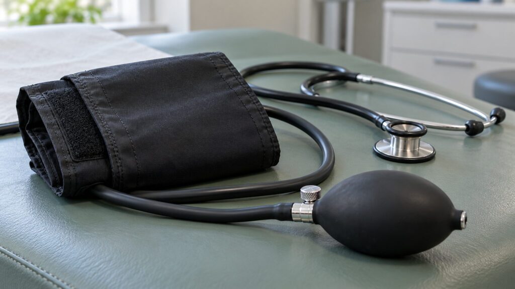 Blood-pressure cuff, inflation bulb and stethoscope on a clinic examination couch