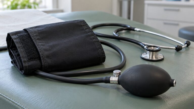 Blood-pressure cuff, inflation bulb and stethoscope on a clinic examination couch