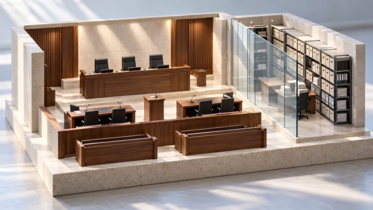 Conceptual miniature courtroom separated from a supporting records archive