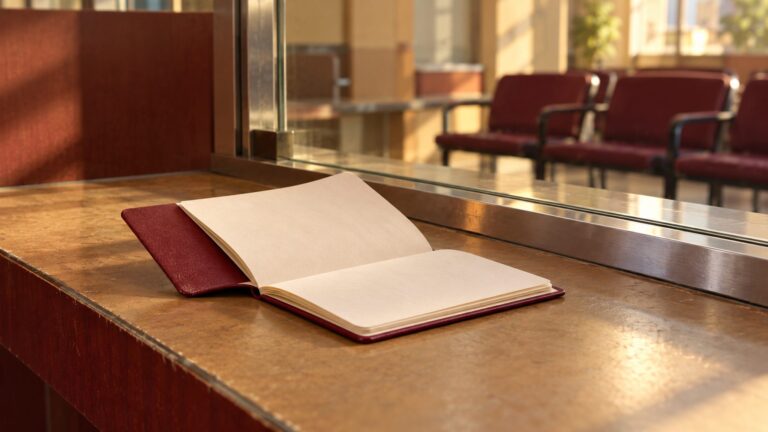 Conceptual bank-counter still life with an unmarked booklet and empty customer seating