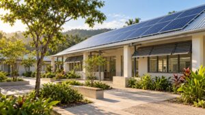 Illustrative tropical health clinic with rooftop solar panels and shaded windows