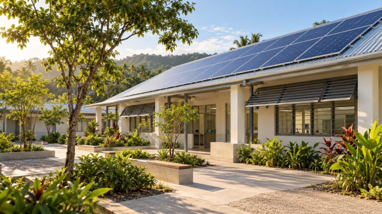 Illustrative tropical health clinic with rooftop solar panels and shaded windows