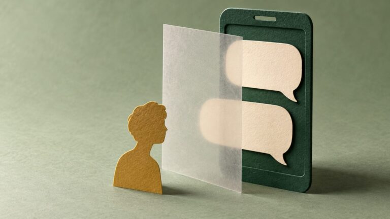 Conceptual paper illustration of a phone conversation screened by a translucent panel from a small human profile