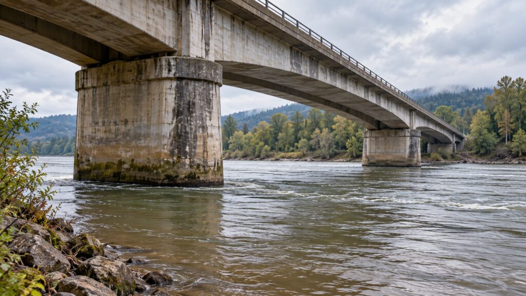 Illustrative river bridge with concrete piers standing in flowing water
