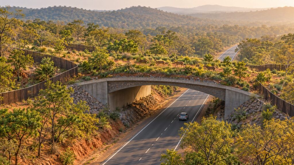 Deer crossing a vegetated overpass above a forest highway