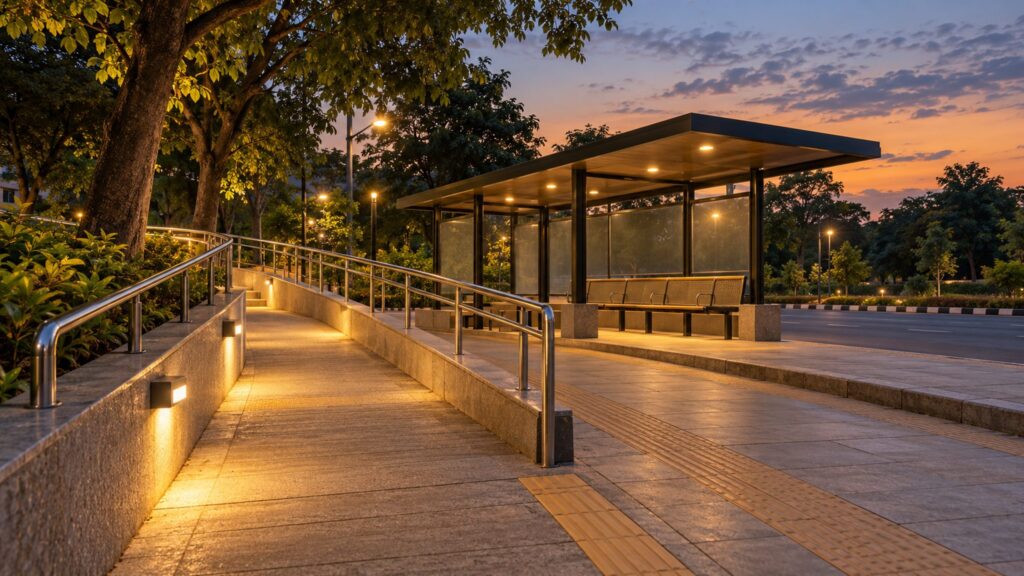 Illustrative well-lit pedestrian route and accessible ramp leading to a bus shelter at dusk.
