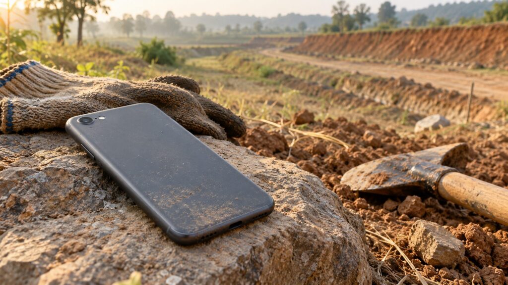 Illustrative smartphone lying face down beside gloves and an earthworking tool at a rural worksite