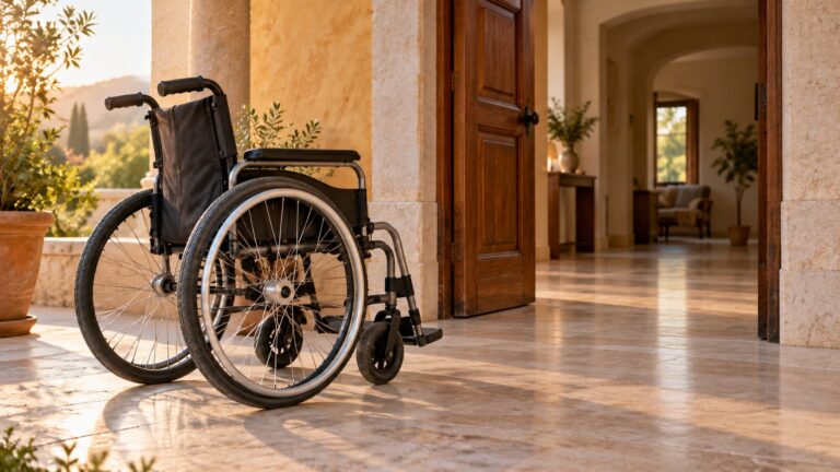 Illustrative wheelchair beside an accessible level doorway