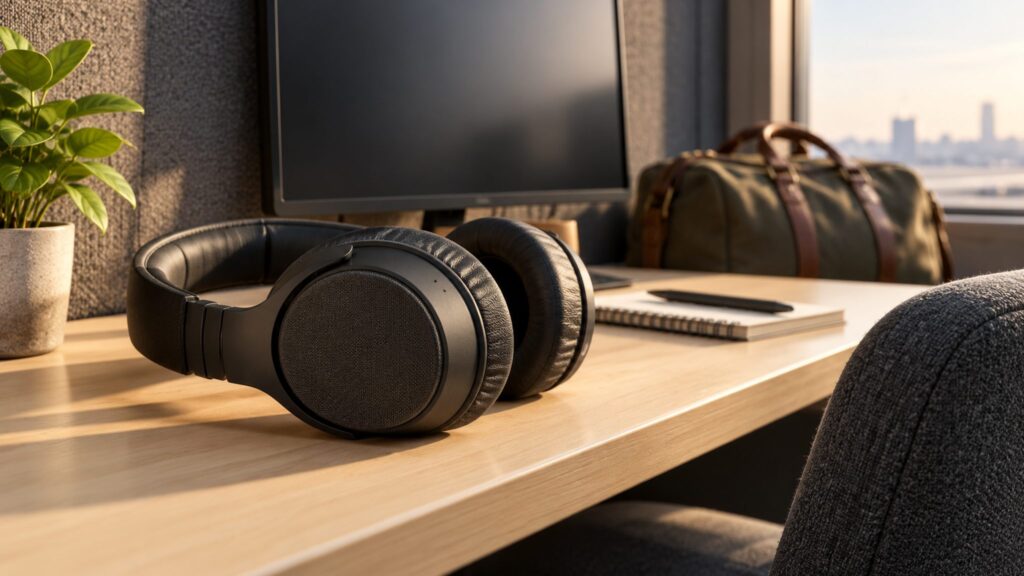 Headphones and a notebook on a language-training desk