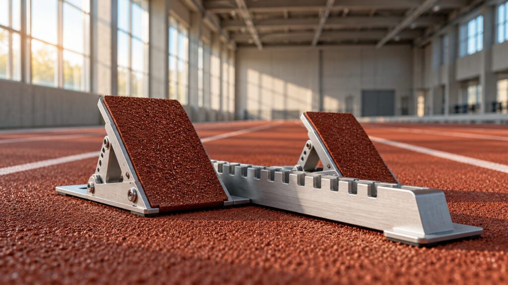 Illustrative starting block on an indoor athletics training lane