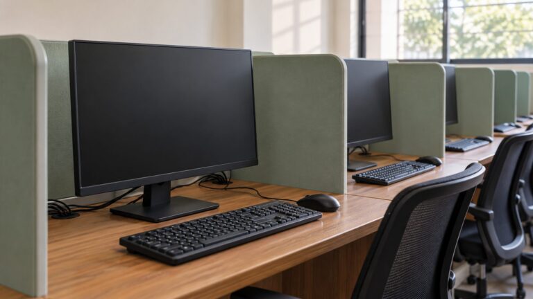Illustrative computer examination workstation with wired equipment and privacy partitions