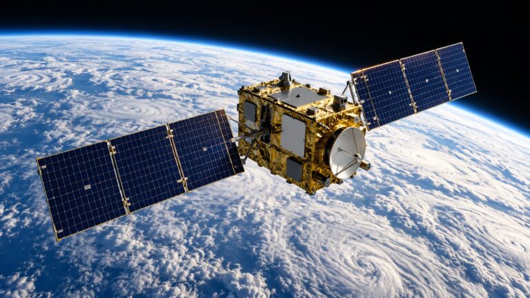 Illustrative navigation satellite with solar panels above Earth’s cloud-covered limb