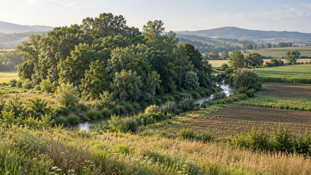 Illustrative wooded grove beside cultivated fields and a vegetated watercourse