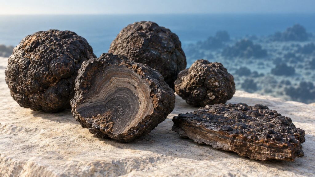 Illustrative geological still life of dark polymetallic nodules and a mineral crust specimen