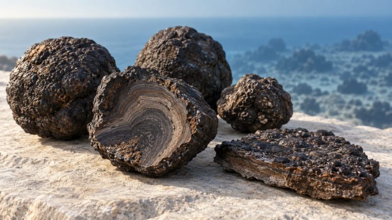 Illustrative geological still life of dark polymetallic nodules and a mineral crust specimen
