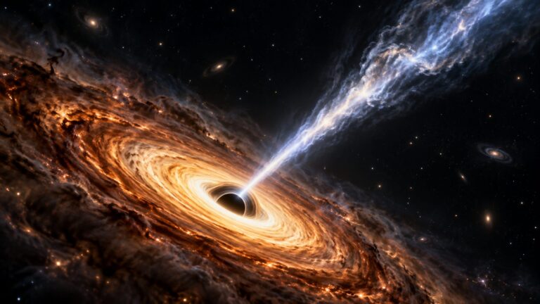 Conceptual illustration of an accretion disk and a narrow plasma jet around an active galactic nucleus