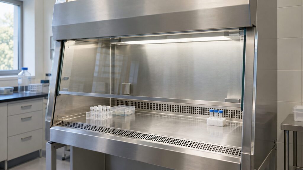 Illustrative biological safety cabinet with a glass sash and stainless steel workspace in an empty laboratory