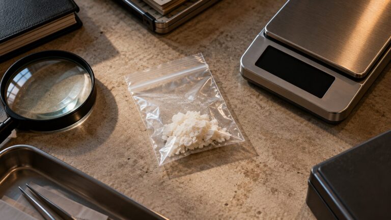 Illustrative evidence-handling still life with an unmarked pouch, balance and magnifier