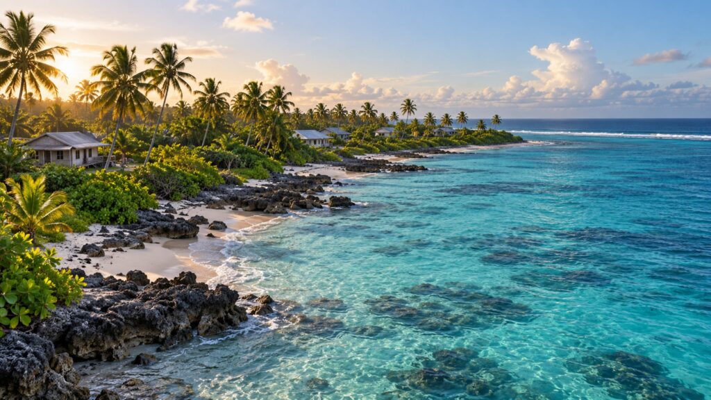 Illustrative low-lying Pacific island shoreline beside a turquoise lagoon