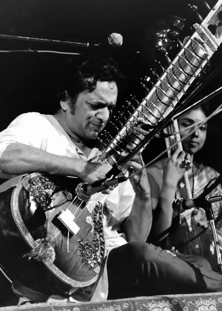 Ravi Shankar playing the sitar on stage at the Woodstock festival in August 1969.