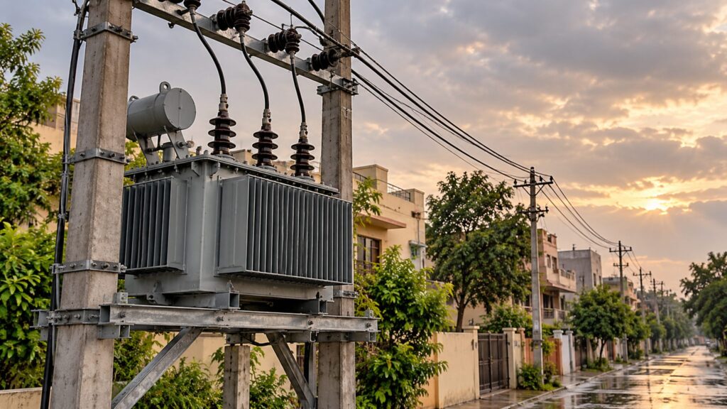 Illustrative neighbourhood distribution transformer and overhead lines serving nearby buildings