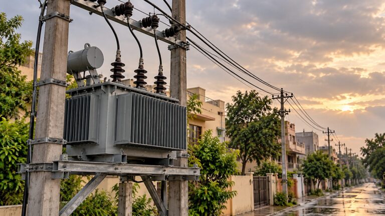 Illustrative neighbourhood distribution transformer and overhead lines serving nearby buildings