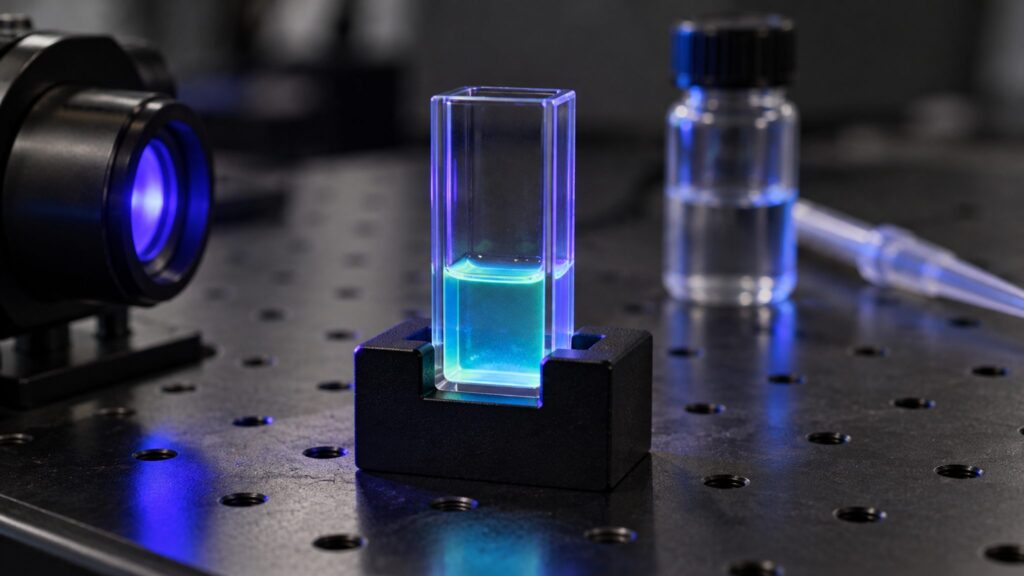 Illustrative laboratory still-life with a softly fluorescing sample in a quartz cuvette