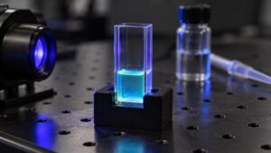 Illustrative laboratory still-life with a softly fluorescing sample in a quartz cuvette