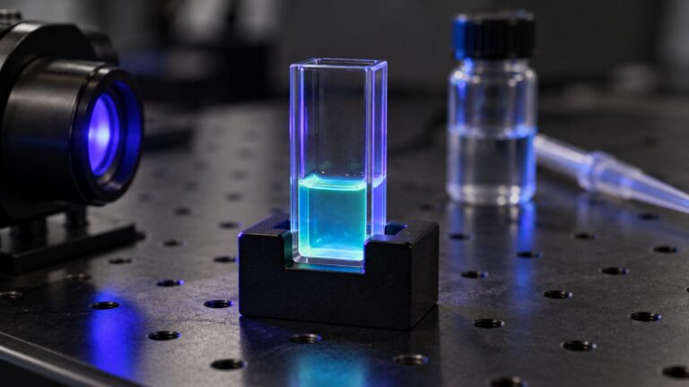 Illustrative laboratory still-life with a softly fluorescing sample in a quartz cuvette