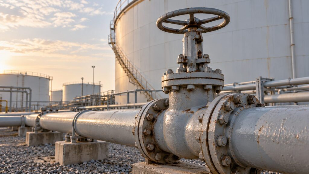 Illustrative fuel-transfer valve and pipe beside a petroleum storage tank