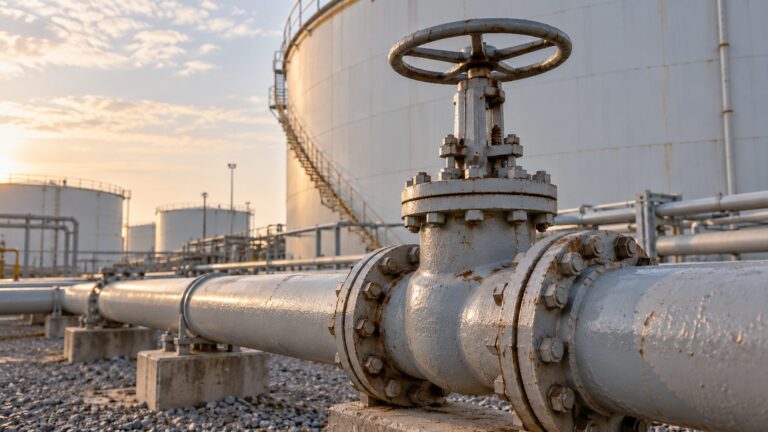 Illustrative fuel-transfer valve and pipe beside a petroleum storage tank