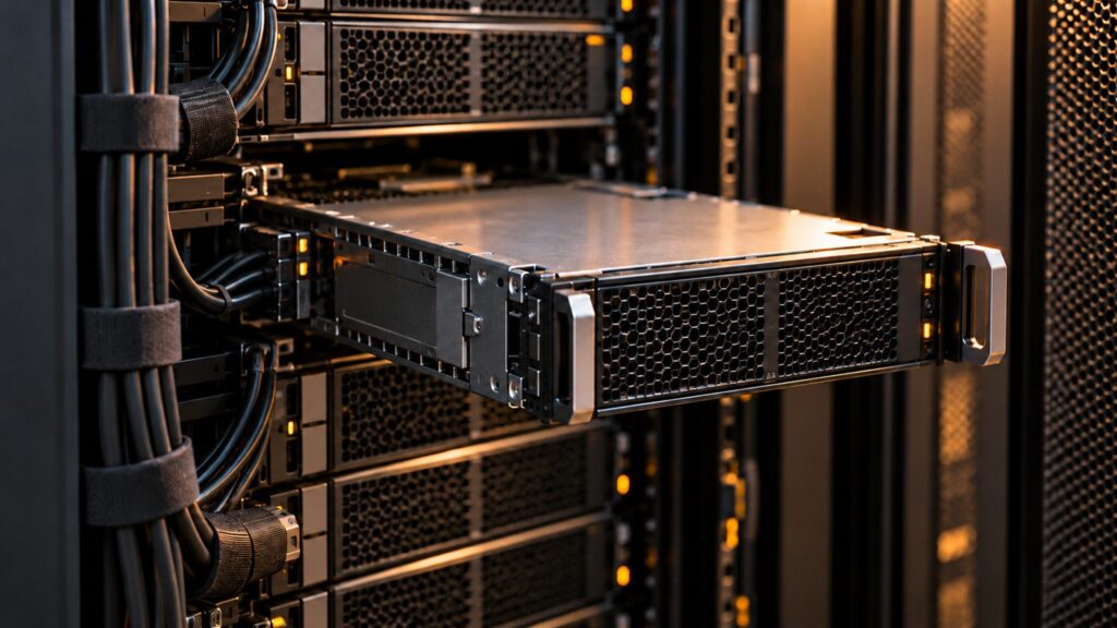 Illustrative close-up of unbranded server hardware used to host web applications