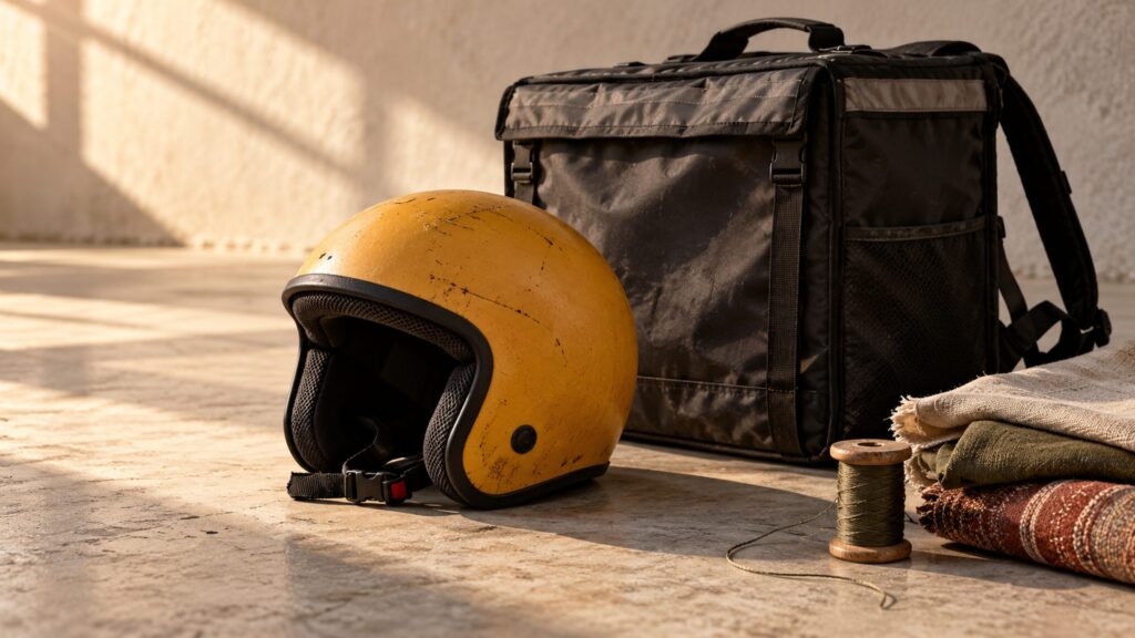 Illustrative unbranded delivery helmet and insulated bag beside sewing materials