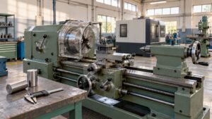 Illustrative ITI machining workshop with a guarded lathe, measuring tools and training equipment