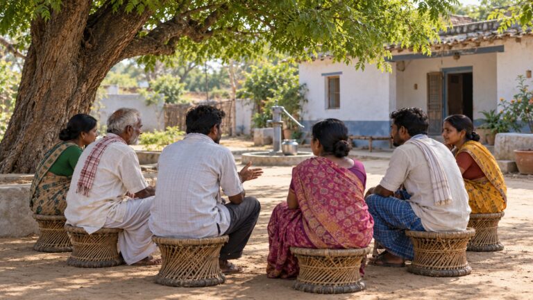 Illustrative village residents discussing local needs in a shaded courtyard