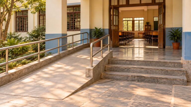 Ramp and stairs leading to the same school entrance