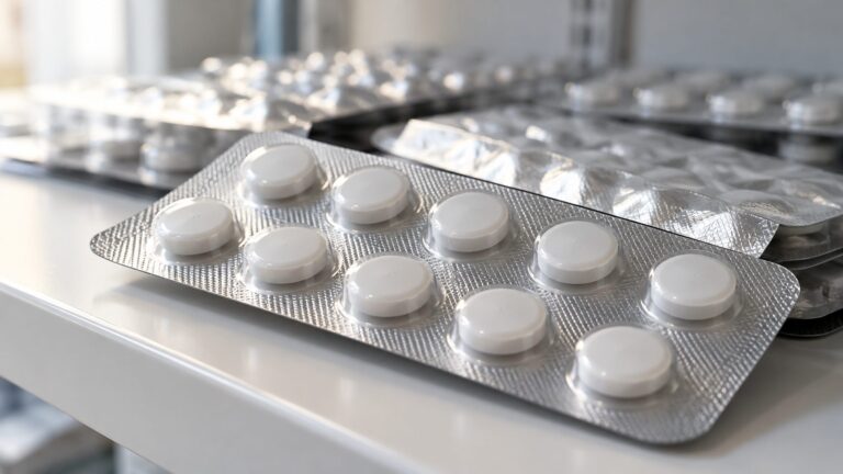 Illustrative unbranded medicine blister packs on a pharmacy shelf