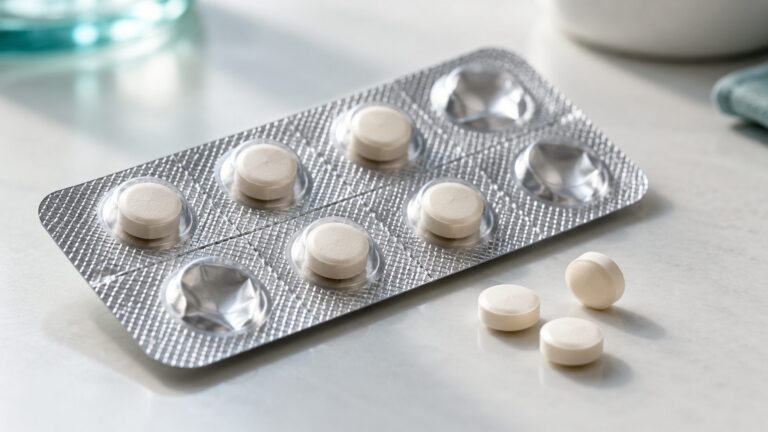Illustrative unmarked oral tablets and silver blister packaging on a clean surface.