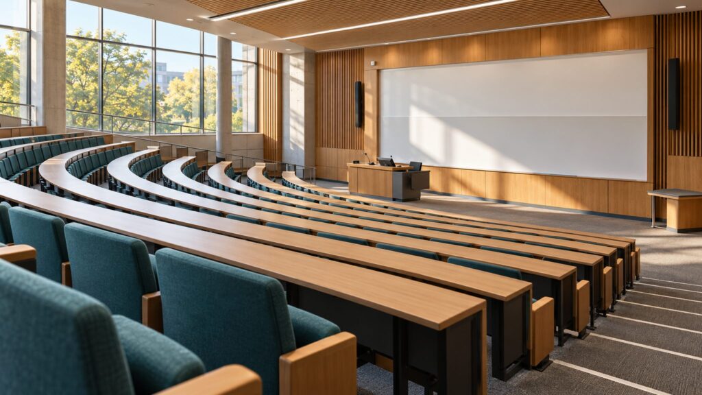 Illustrative empty college lecture theatre with teal seats and a blank whiteboard