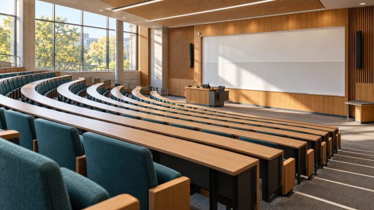 Illustrative empty college lecture theatre with teal seats and a blank whiteboard
