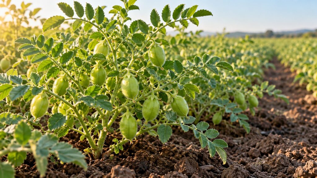 Illustrative chickpea plants with pods in a cultivated pulse field