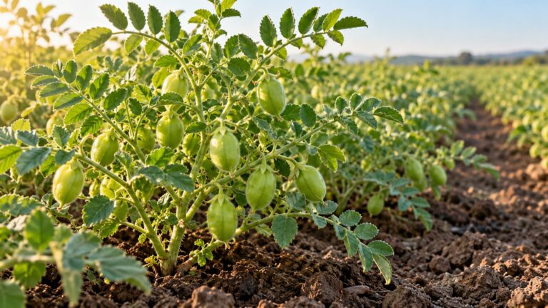 Illustrative chickpea plants with pods in a cultivated pulse field